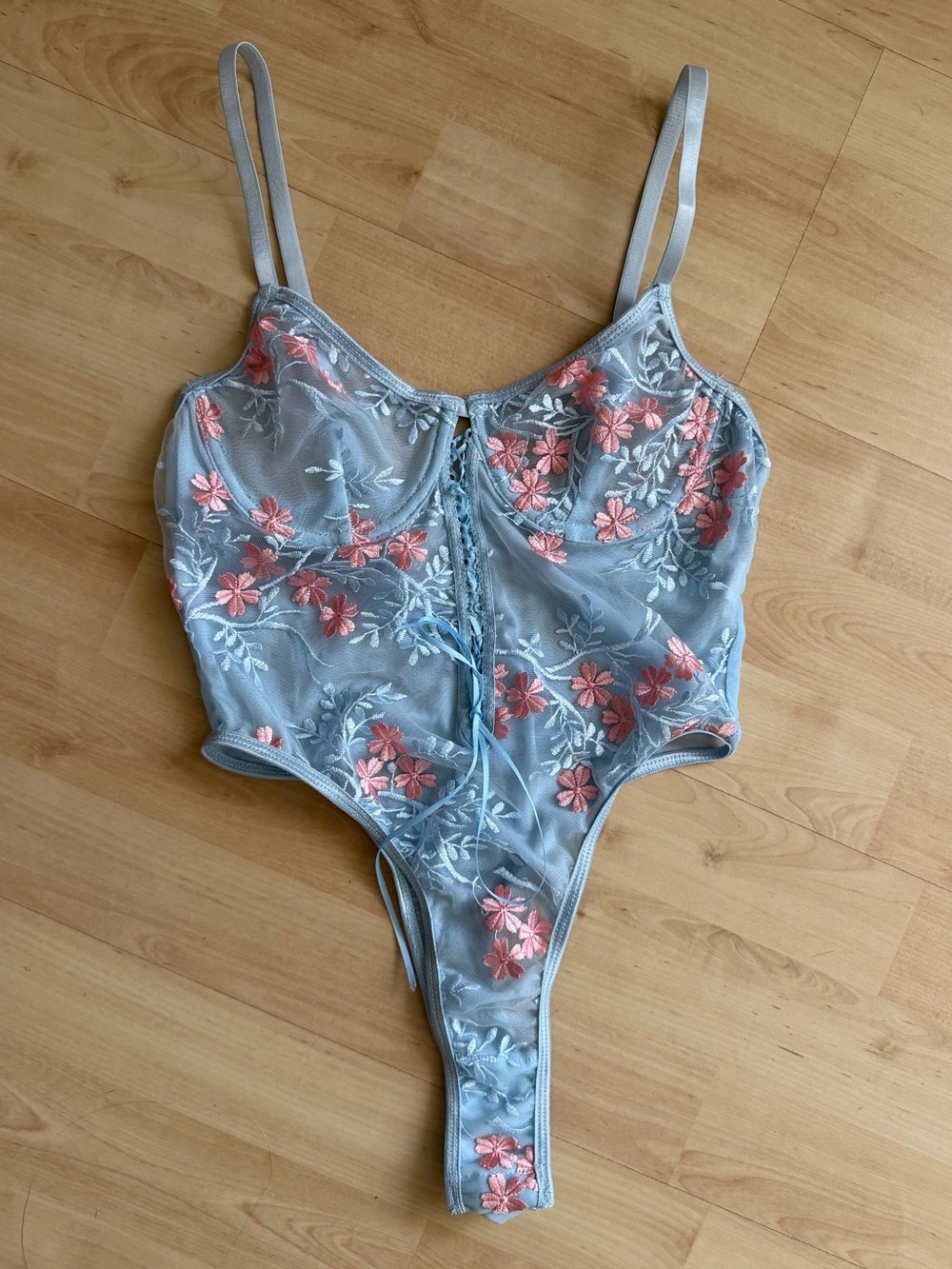 Sheer Blue Floral Embroidered Lace-Up Teddy